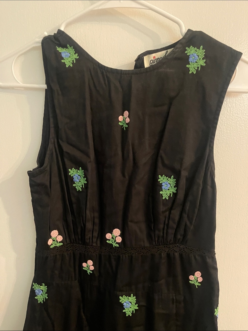 Black  navy Sleeveless Dress with Pink & Blue Floral Embroidery, lace strips